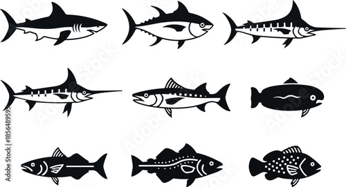 Collection of Fish Line Art Icons for Marine Life Projects