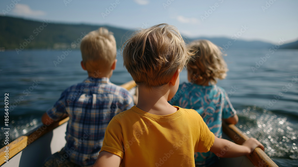 Fototapeta premium Brothers riding motorboat across lake surface, water recreation, summer boating adventure, aquatic fun, family bonding activity, outdoor sports, with copy space