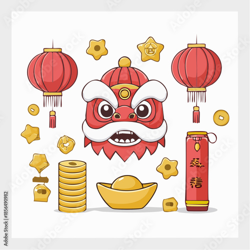 Minimalist lion dance head vector. Perfect for festive web banners or greeting cards to symbolize energy and joy. Clean SVG lines ensure high-quality scaling for any modern digital project.