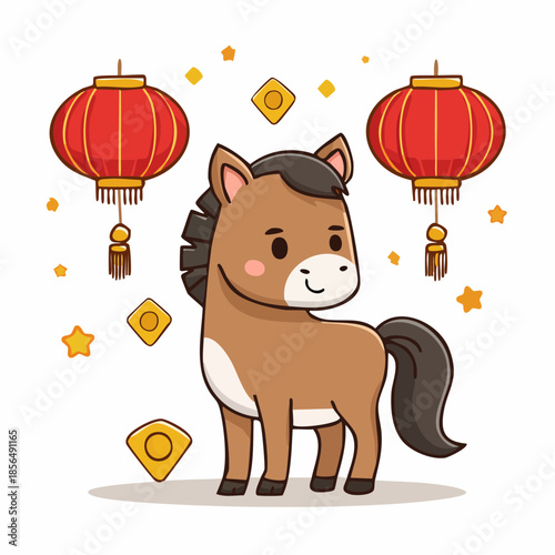 Adorable horse character celebrating the New Year with lanterns. Sharp SVG outlines. Perfect for printable red envelopes (Hongbao) and Asian-themed merchandise.