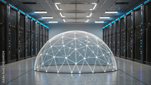 Ai augmented network shield. glowing digital dome with AI neuron webs in server room, showcasing advanced technology