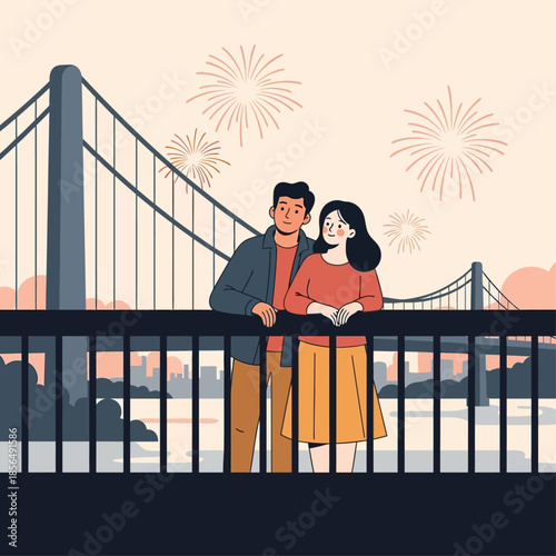 Romantic evening for a couple enjoying fireworks over a city bridge at dusk, celebrating a special moment together