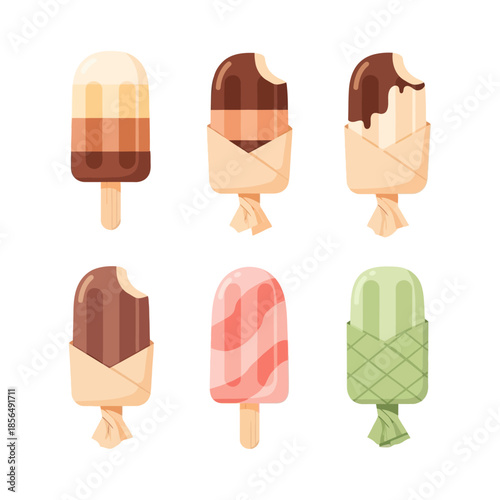 Es krim potong assortment of vibrant and delicious popsicles on sticks, featuring various layered flavors and artistic designs, perfect for summer refreshments
