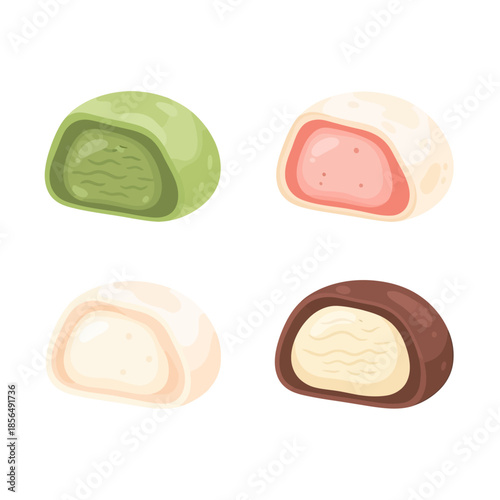 Colorful selection of cut Japanese mochi ice cream rice cakes revealing creamy fillings, a delightful sweet treat vector