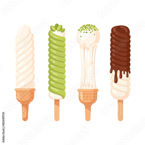 Dondurma delightful assortment of creamy ice cream bars and cones, showcasing diverse flavors and toppings, perfect for a refreshing treat