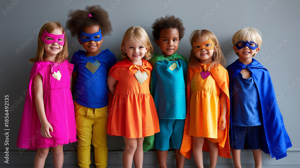 Naklejka premium Children dressed in colorful superhero costumes, imaginative play, comic-inspired outfits, kid empowerment, fantasy dress-up, creative costumes, with copy space