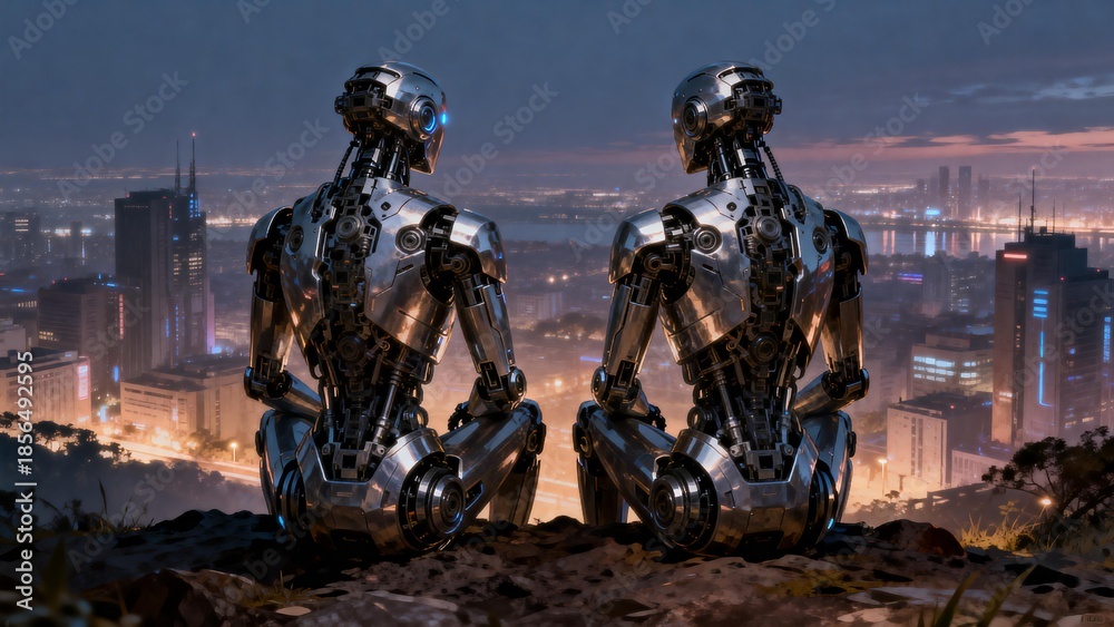 Fototapeta premium Two robots overlooking cityscape