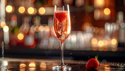 Chilled Sparkling Wine with Strawberry Garnish for Romantic Celebration