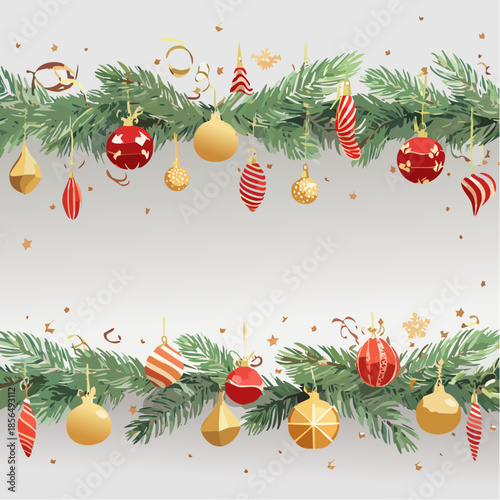 Contemporary garland frame featuring evergreen branches and subtle streamers. Ideal for designing modern holiday greeting cards and seasonal marketing materials.