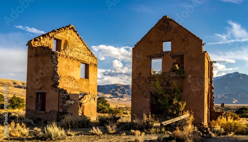 Dilapidated dwellings stand as relics of time against a breathtaking landscape