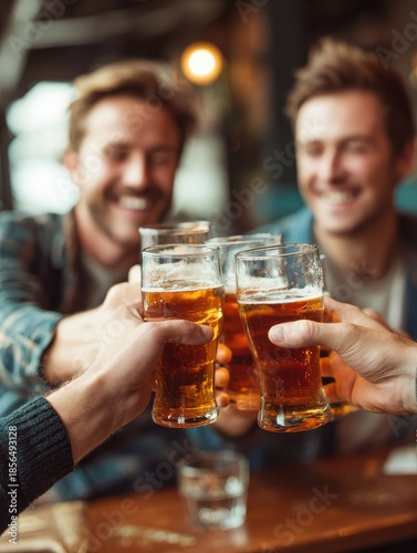 people men leisure friendship and celebration concept  happy male friends drinking beer and clinking glasses at bar or pub no logos no brands ar 34