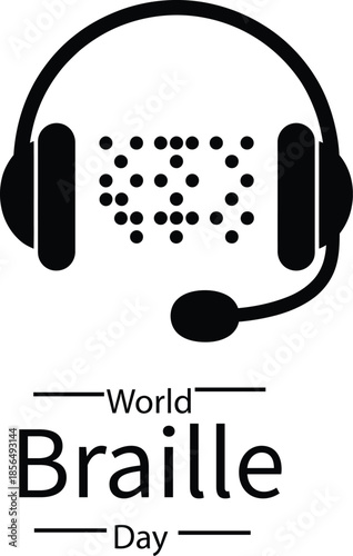 A minimalist illustration celebrating world braille day with a headset and tactile braille text