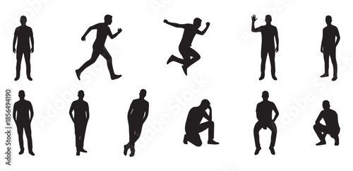 Man silhouettes set, group of men in different poses standing running jumping and sitting