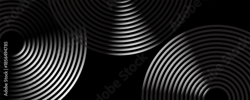 Abstract black background with circle lines pattern. Black metal lines texture. Modern shiny black and gray gradient lines creative design. Suit for wallpaper, backdrop, banner, poster.