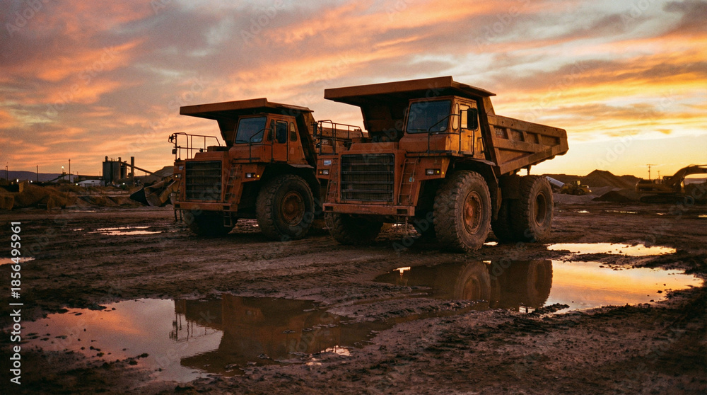 Obraz premium Two massive orange mining trucks at sunrise on muddy ground
