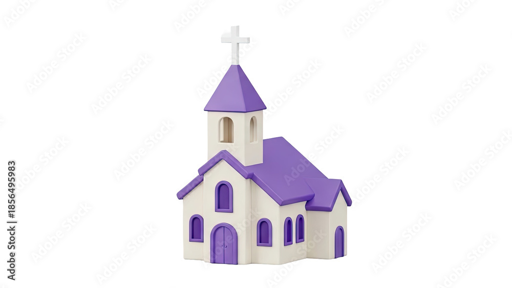 Naklejka premium Cartoon church building with purple roof and white cross on transparent background