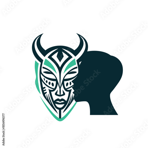 Mysterious Horned Tribal Mask and Human Profile Vector Art