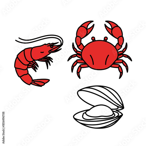 Illustration of Shrimp Crab and Clamshell.