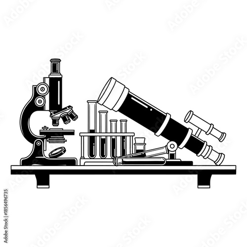 Microscope and Telescope on Laboratory Table.