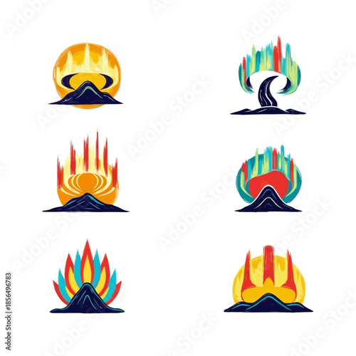 Volcano Eruption Icon Set with Flames.