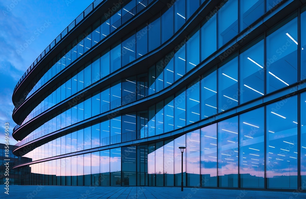Obraz premium Modern Curved Glass Building – Sunset Reflections and Contemporary Urban Architecture