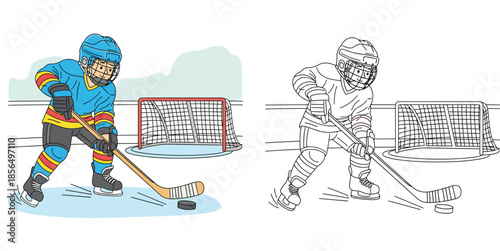Coloring book page of a boy playing ice hockey hitting a puck near the net vector
