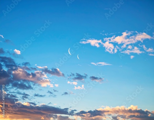 A vibrant skyscape showcases a gradient of blue hues, with wispy clouds touched by sunlight, and a couple of crescent moons