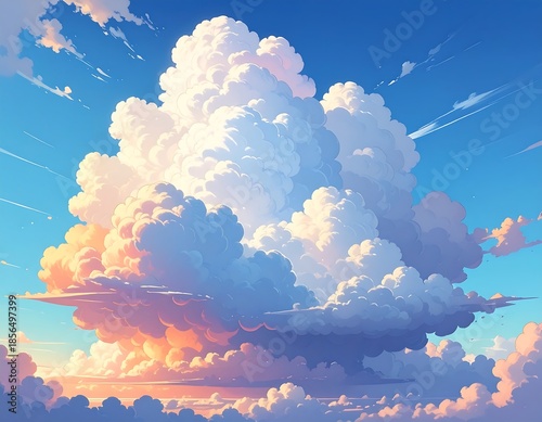 A vibrant skyscape featuring puffy, illuminated clouds against a bright, azure backdrop with subtle streaks, evoking a sense of serenity