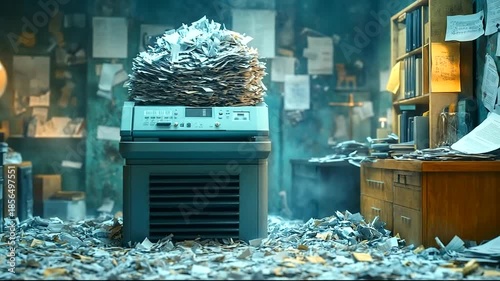 Office printer overwhelmed with paper in cluttered space