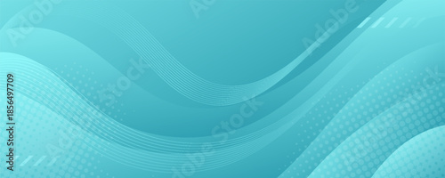 Abstract green gradient background with smooth flowing blue waves and curved line patterns.