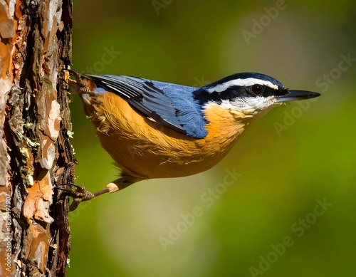 A vibrant small songbird perches on a textured tree trunk with a blurred green backdrop. The bird displays a striking contrast of colors