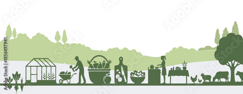 Silhouette panorama of a farm with greenhouse, people working, fresh produce, and farm animals in a rural landscape.