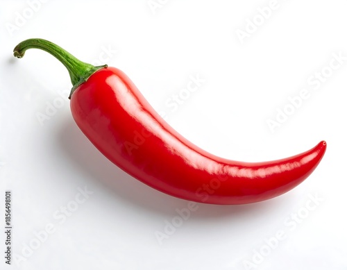 A vibrant, smooth red pepper with a bright green stem, cast against a clean white backdrop. Shows a shadow