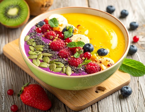 A vibrant smoothie bowl with yellow and purple layers, adorned with berries, seeds, and fruit, on a wooden board
