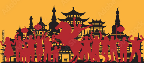 Lunar New Year Year of the Horse celebration illustration featuring festive silhouettes, traditional Asian architecture, joyful crowd, cultural parade, and symbolic horse spirit