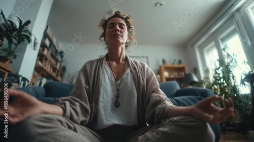 Woman meditating home promoting public health campaign with calm focused posture cozy living room calm meditation home public health campaign