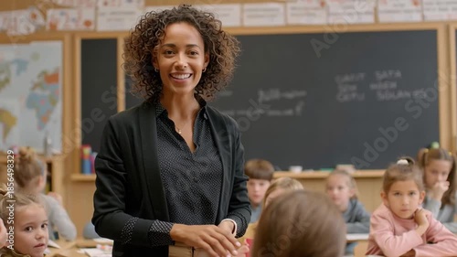 Energetic teacher classroom lesson promoting public health campaign with children learning hand hygiene education and healthy habits for attentive