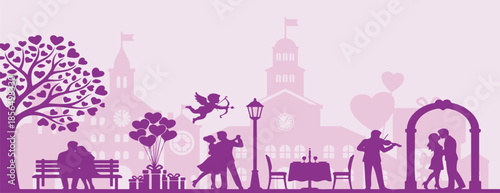 Romantic cityscape silhouette with couples celebrating love and Valentine's Day.
