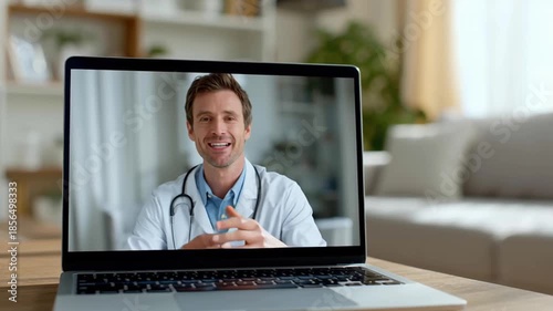 Telemedicine doctor video call consultation online laptop stethoscope friendly male doctor promoting public health campaign patient education virtual