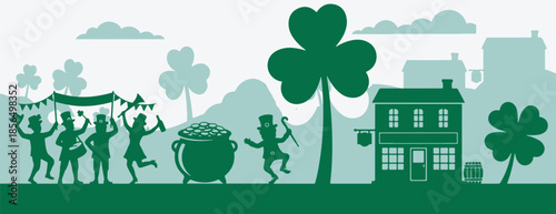 St. Patrick's Day celebration with dancing figures, a pot of gold, and shamrocks in a village setting.