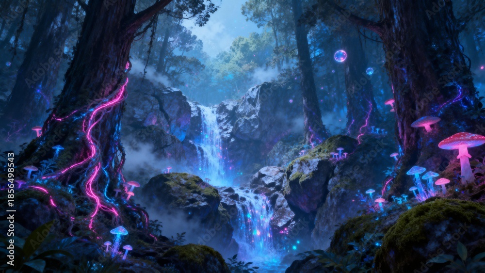 Obraz premium Mystical glowing forest with waterfall