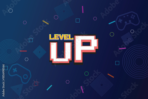 LEVEL UP icon pixel art. 8 bit game.  Retro Futurism Sci-Fi Background. glowing neon grid. and stars from vintage arcade computer games
