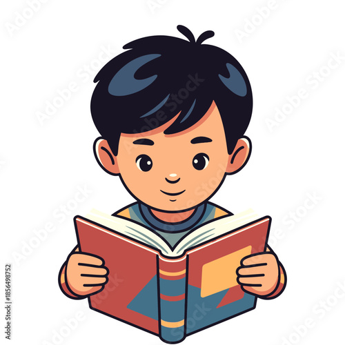 Cheerful Young Boy with Dark Hair Focused on Reading an Open Book
