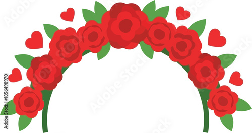 Romantic Floral Arch Vector with Red Roses and Hearts
