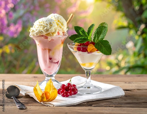 Two elegant, frosted desserts garnished with fruit and sprigs of mint