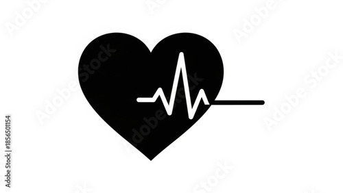 A black heart with a white heartbeat line on a plain white background