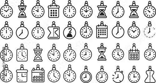 Collection of various clock and calendar icons in black and white