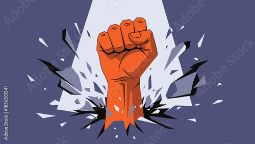 Orange fist breaking through wall