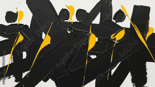 Abstract black and yellow artistic composition with expressive brushstrokes and bold geometric shapes on white