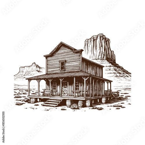 Old West Homestead Cabin with Mountain Landscape – Black and White Engraving